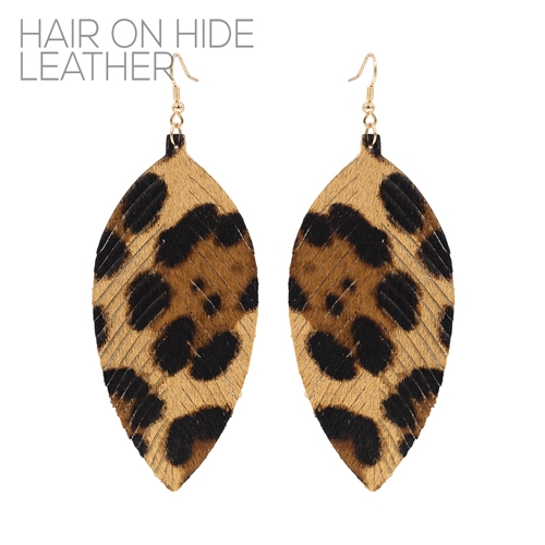 Fashion Lightweight Light-Colored Leopard Faux Hair Hide Leather Gold-Toned Fish Hook Earrings
