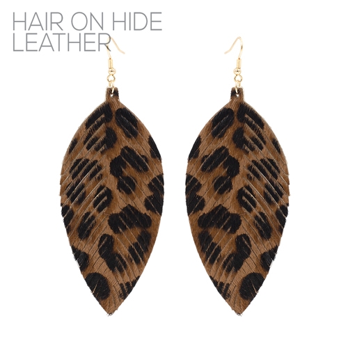 Fashion Lightweight Dark-Colored Leopard Faux Hair Hide Leather Gold-Toned Fish Hook Earrings