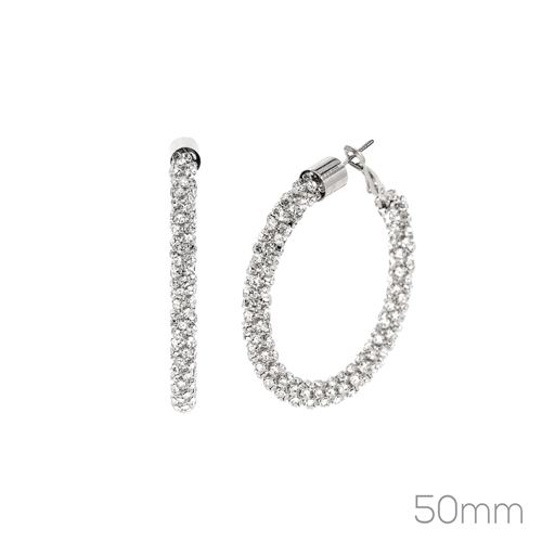 Fashion Sparkling Diamond Cubic Zirconia Crystal 50mm Silver Toned Hoop Leverback Earrings