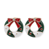 Fashion Red, Green & White Christmas Wreath Holiday Season Silver-Toned Post Earrings