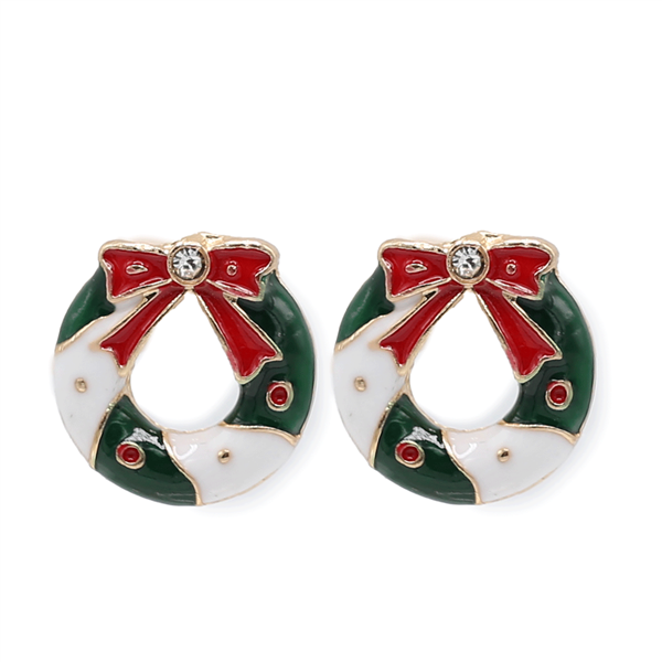Fashion Red, Green & White Christmas Wreath Holiday Season Silver-Toned Post Earrings