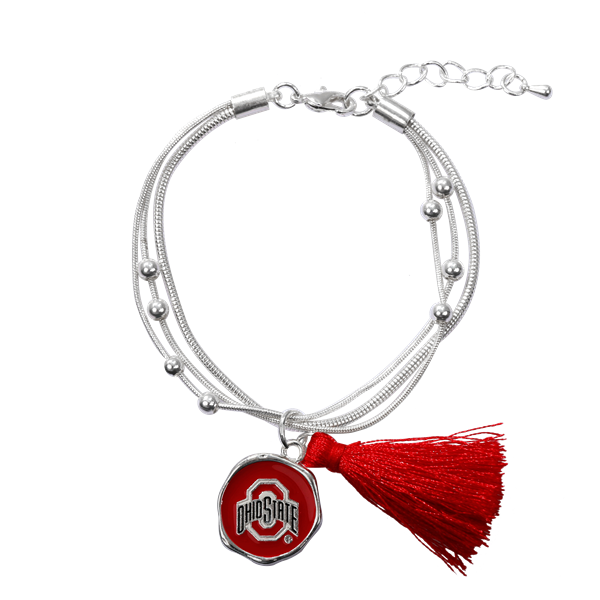 Ohio State University Team Colored Round Logo Charm & Tassel Silver Beaded Snake Chain Bracelet