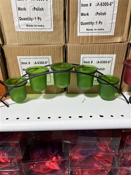 Five Frosted Green Glass & Arched Metal Candle Holder