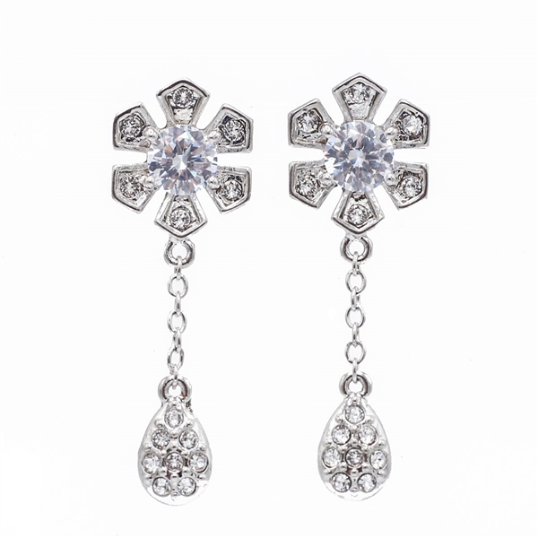 Luxury Fashion Precision-Cut Diamond Cubic Zirconia Crystal Drop Flower White Gold Earrings