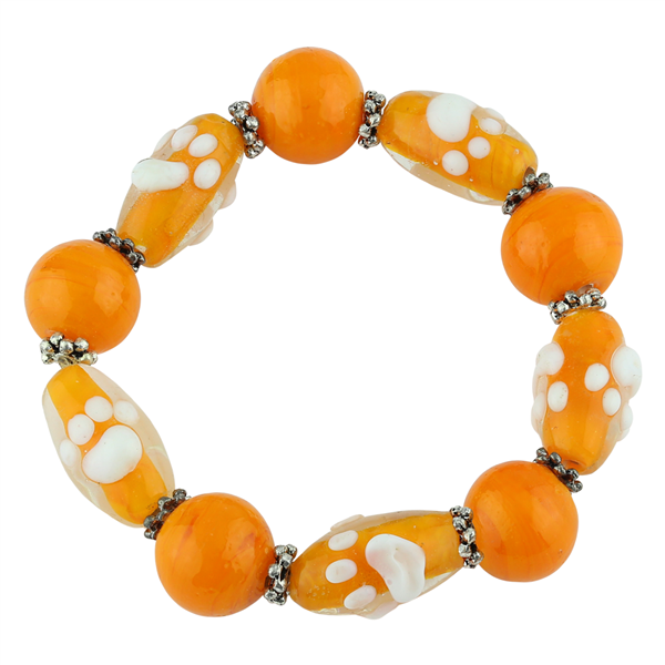 Orange Citrusy Acrylic Glass Beads Raised Painted White Paw Prints Silver Stretch Bracelet