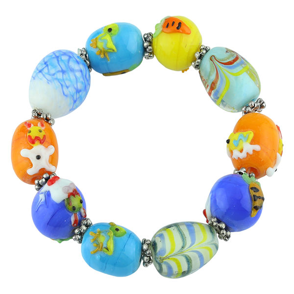 Bright & Colorful Acrylic Glass Beads Raised Painted Animal Characters Silver Stretch Bracelet