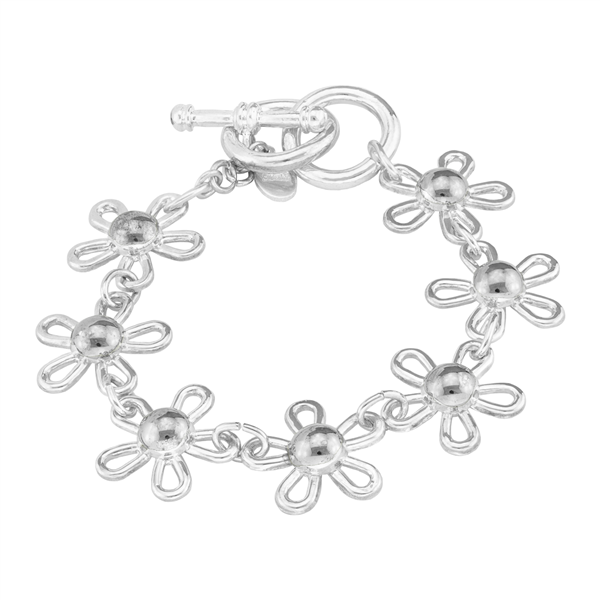 Flourishing Silver linked Flower Toggle Clasp Bracelet