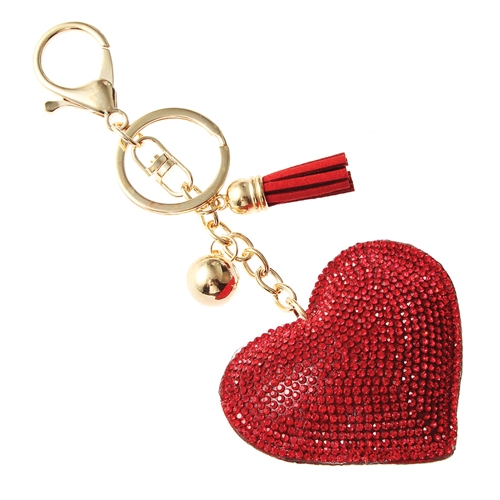 Loving & Sparkling Red Crystals Red Soft Plush Heart Gold Toned Tassel Ball Keychain