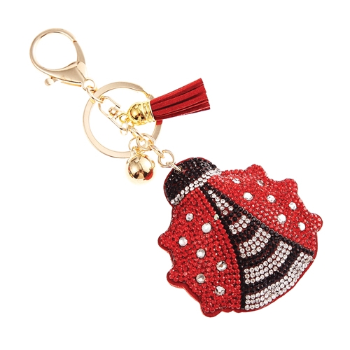 Red, Black & Diamond Crystal Tassel Charm Red Stitched Ladybug Soft Plush Gold Toned Key Chain