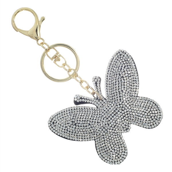 Fashion Fun Sparkling Diamond Crystals Black Soft Plush Butterfly Gold Toned Keychain