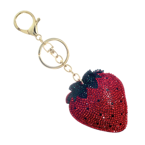 Red, Black & Green Crystal Tassel Charm Red Stitched Strawberry Soft Plush Gold Toned Key Chain