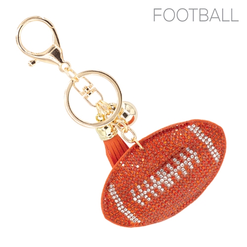 Orange & Diamond Crystal Tassel Charm Orange Stitched Football Soft Plush Gold Toned Key Chain