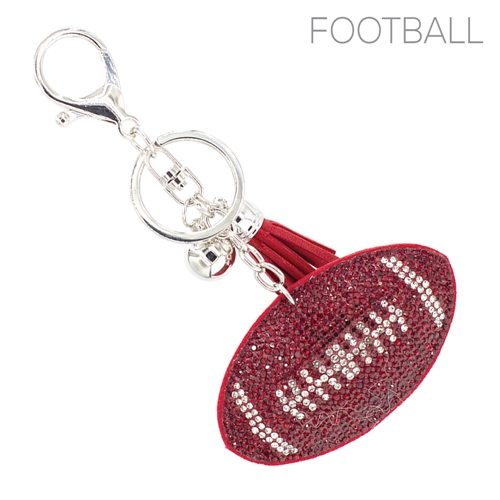 Red & Diamond Crystal Tassel Charm Red Stitched Football Soft Plush Silver Toned Key Chain