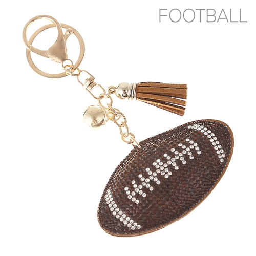 Brown & Diamond Crystal Tassel Charm Brown Stitched Football Soft Plush Gold Toned Key Chain