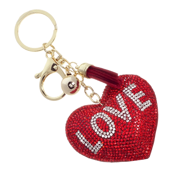 Loving & Sparkling Red & Silver Crystals Red Soft Plush Love Heart Gold Toned Tassel Ball Keychain