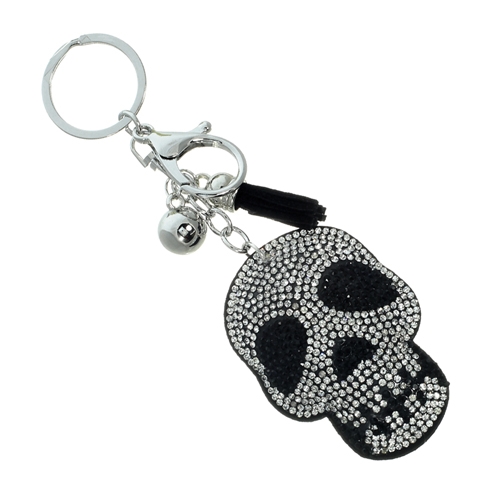 Fashion Fun Mexican-Inspired Black & Silver Crystals Black Stitched Skull Soft Plush Silver Toned Keychain