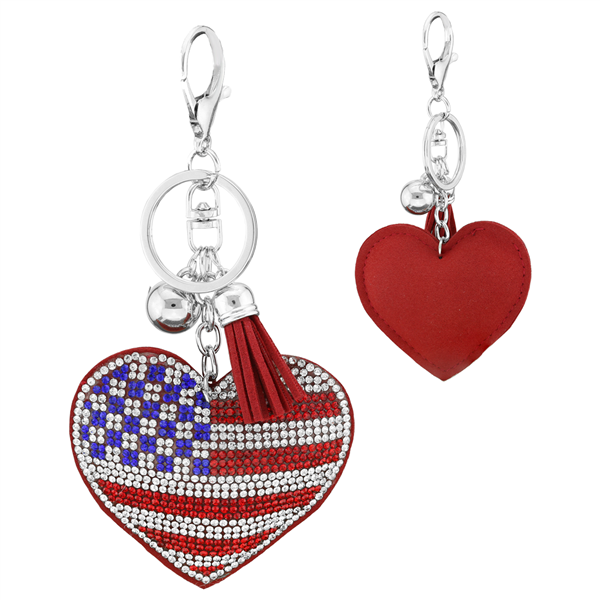 Red, Clear & Blue Crystal Tassel Charm Red Stitched American Heart Soft Plush Key Chain