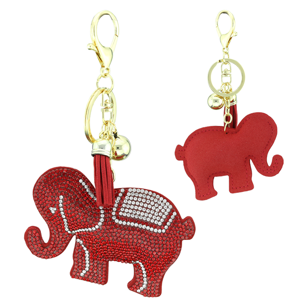 Red & Clear Crystal Tassel Charm Red Stitched Elephant Soft Plush Gold Toned Key Chain