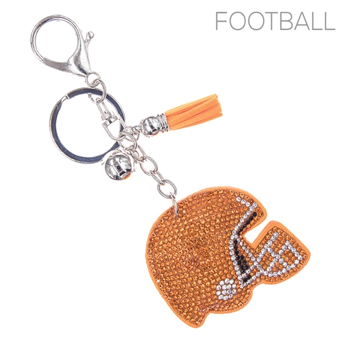 Orange, Black & Diamond Crystal Tassel Charm Orange Stitched Football Helmet Soft Plush Silver Toned Key Chain