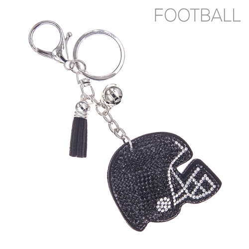 Black & Diamond Crystal Tassel Charm Black Stitched Football Helmet Soft Plush Silver Toned Key Chain