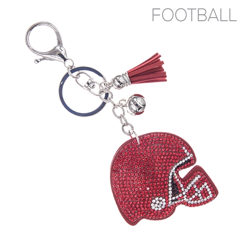 Red, Black & Diamond Crystal Tassel Charm Red Stitched Football Helmet Soft Plush Silver Toned Key Chain