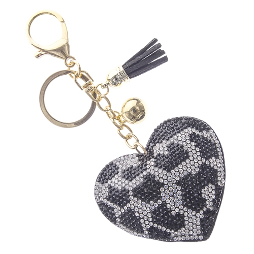 Fashion & Fun Silver & Black Crystal Black Tassel Charm Stitched Leopard Design Heart Soft Plush Gold Toned Key Chain