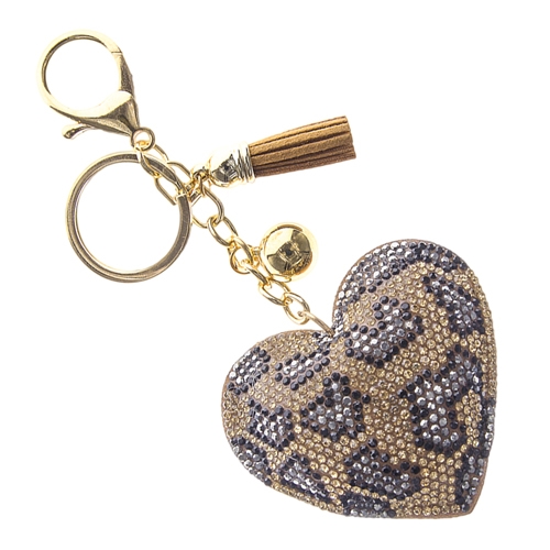Fashion & Fun Light Topaz, Silver, & Black Crystal Light Brown Tassel Charm Stitched Leopard Design Heart Soft Plush Gold Toned Key Chain