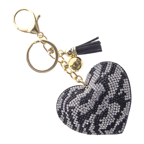 Fashion & Fun Silver & Black Crystal Black Tassel Charm Stitched Zebra Design Heart Soft Plush Gold Toned Key Chain