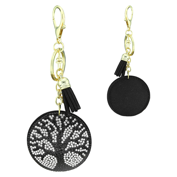 Clear & Black Crystal Tassel Charm Black Stitched Tree of Life Soft Plush Gold Toned Key Chain