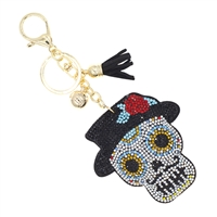 Day of the Dead Mexican-Inspired Multi-Colored Crystals Black Stitched Calavera Skull Soft Plush Gold Toned Keychain