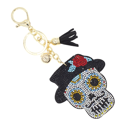 Day of the Dead Mexican-Inspired Multi-Colored Crystals Black Stitched Calavera Skull Soft Plush Gold Toned Keychain