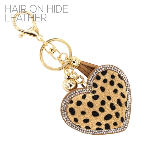 Diamond Crystal Tassel Charm Light Brown Stitched Cheetah Faux Fur Heart Soft Plush Gold Toned Key Chain