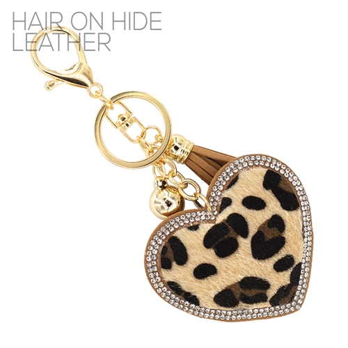 Diamond Crystal Tassel Charm Light Brown Stitched Leopard Faux Fur Heart Soft Plush Gold Toned Key Chain