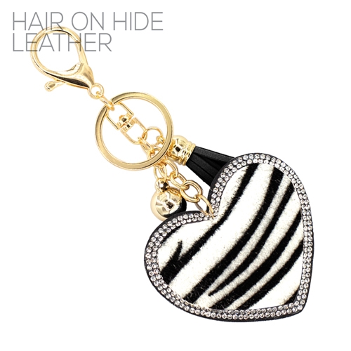 Diamond Crystal Tassel Charm Black Stitched Zebra Faux Fur Heart Soft Plush Silver Toned Key Chain