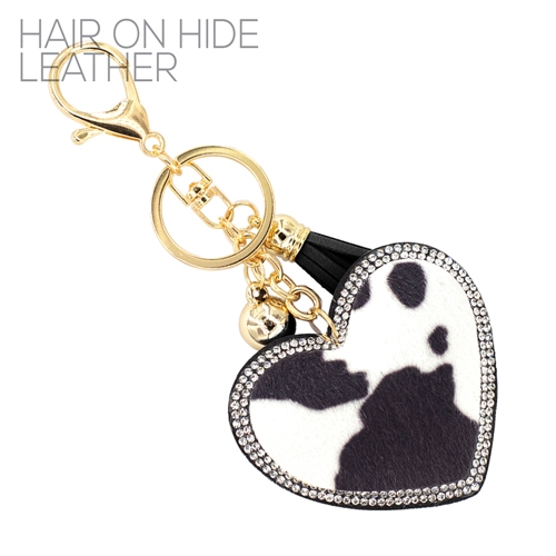 Diamond Crystal Tassel Charm Black Stitched Cow Faux Fur Heart Soft Plush Silver Toned Key Chain