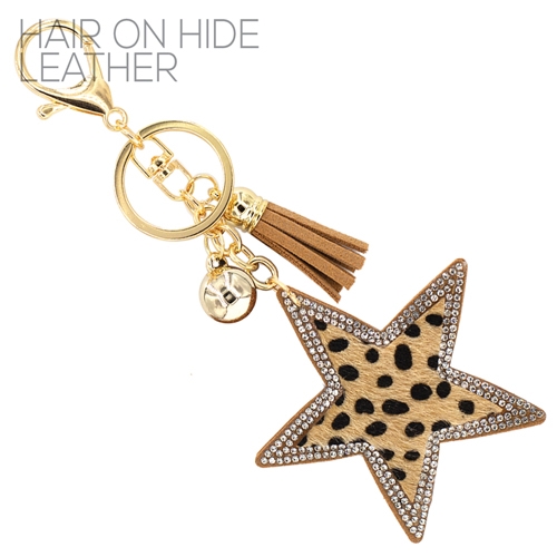 Fashion Fun Diamond Crystal Tassel Charm Light Brown Stitched Cheetah Faux Fur Star Soft Plush Gold Toned Key Chain