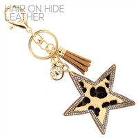 Fashion Fun Diamond Crystal Tassel Charm Light Brown Stitched Leopard Faux Fur Star Soft Plush Gold Toned Key Chain