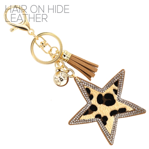 Fashion Fun Diamond Crystal Tassel Charm Light Brown Stitched Leopard Faux Fur Star Soft Plush Gold Toned Key Chain