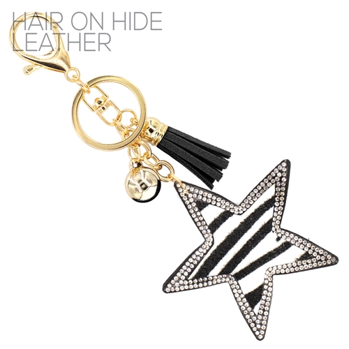 Fashion Fun Diamond Crystal Tassel Charm Black Stitched Zebra Faux Fur Star Soft Plush Gold Toned Key Chain