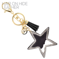 Fashion Fun Diamond Crystal Tassel Charm Black Stitched Cow Faux Fur Star Soft Plush Gold Toned Key Chain