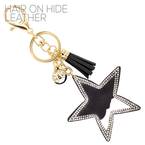 Fashion Fun Diamond Crystal Tassel Charm Black Stitched Cow Faux Fur Star Soft Plush Gold Toned Key Chain