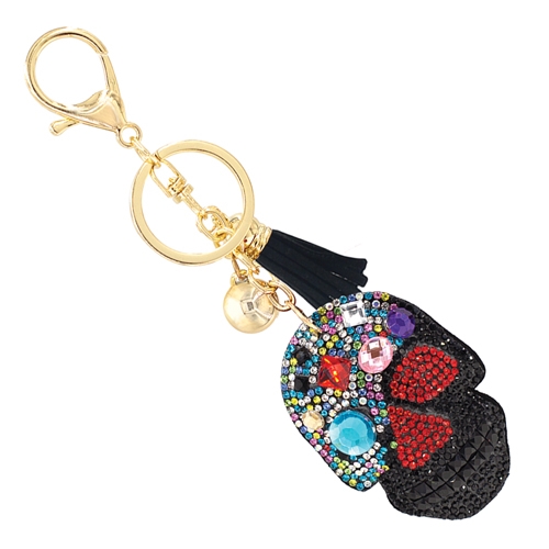 Fashion Fun Mexican-Inspired Multi-Colored Crystals Black Stitched Skull Soft Plush Gold Toned Keychain