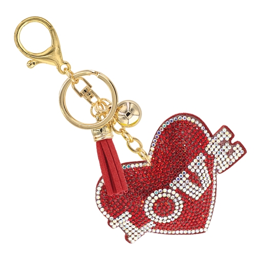 Loving & Sparkling Red & Silver Crystals Red Soft Plush Love Heart Gold Toned Tassel Ball Keychain