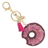 Fashion Fun Multi-Colored Crystals Pink Soft Plush Donut Gold Toned Tassel Ball Keychain