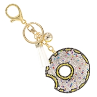 Fashion Fun Multi-Colored Crystals White Soft Plush Donut Gold Toned Tassel Ball Keychain