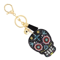 Day of the Dead Mexican-Inspired Multi-Colored Crystals Black Stitched Calavera Skull Soft Plush Gold Toned Keychain