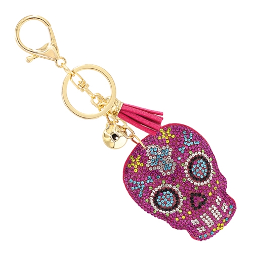 Day of the Dead Mexican-Inspired Multi-Colored Crystals Rose Pink Stitched Calavera Skull Soft Plush Gold Toned Keychain