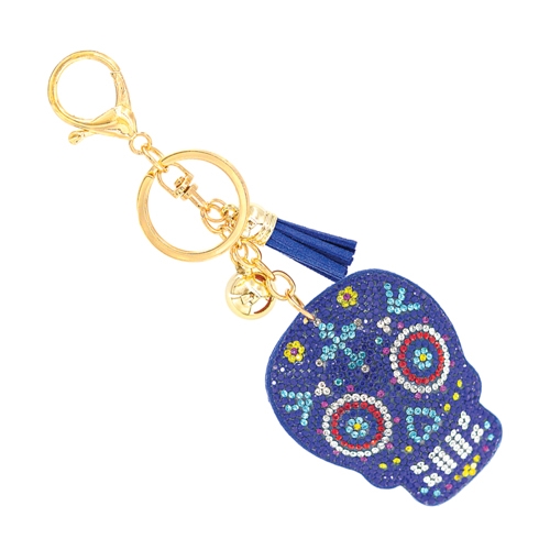 Day of the Dead Mexican-Inspired Multi-Colored Crystals Sapphire Blue Stitched Calavera Skull Soft Plush Gold Toned Keychain