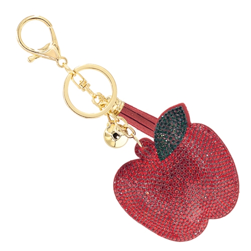 Fashion Fun Sparkling Red & Green Crystals Red Soft Plush Apple Gold Toned Keychain