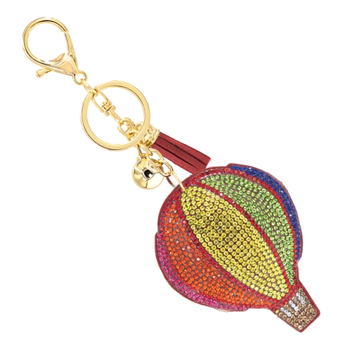 Fashion Fun Sparkling Multi-Colored Crystals Red Soft Plush Hot Air Balloon Gold Toned Keychain
